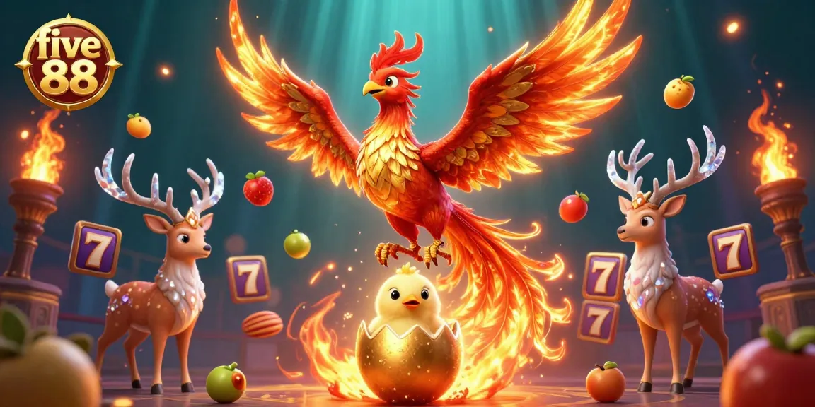 Win big at five 88 with slot reels swirling around vibrant phoenix and stag in a dazzling casino scene.