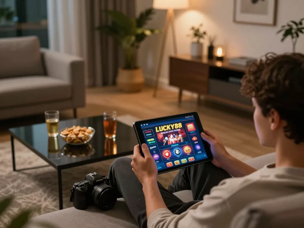 Player enjoying online gaming with LUCKY88 on a tablet in a cozy home setting