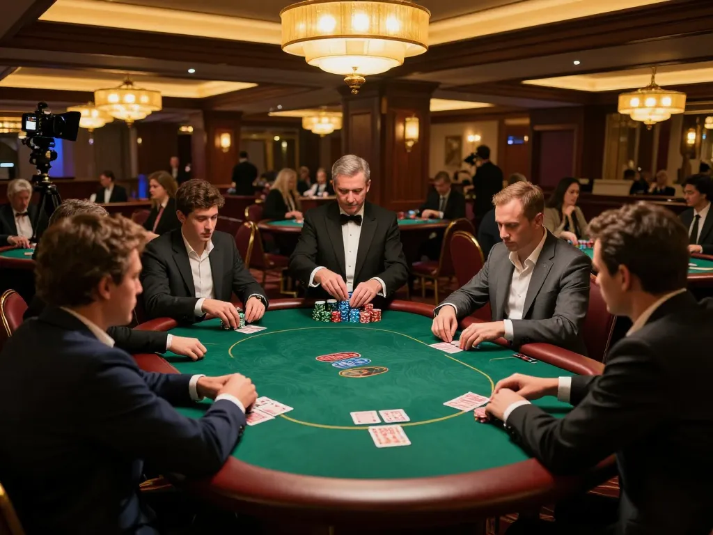 Players strategizing in a luxurious poker room during lucky88 free chat night, showcasing high-stakes excitement.