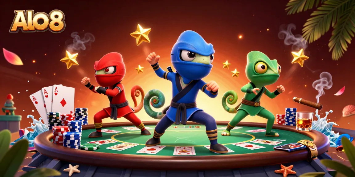 AlO 8 showcases a colorful casino scene with ninja chameleons and dynamic poker elements.