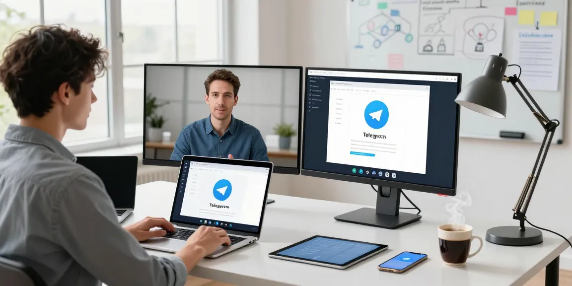 Download Telegram on a sleek workspace featuring tech tools and a professional using the app.