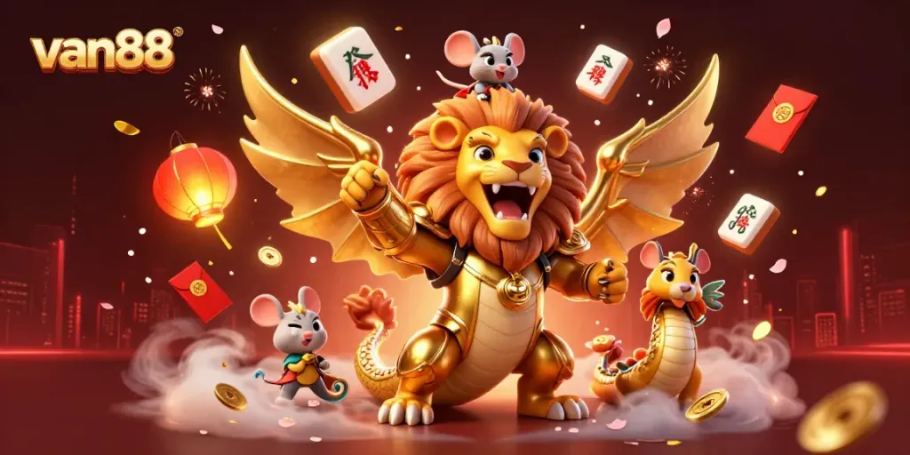 van88 integrates a vibrant 3D scene showcasing a golden chimera with mesmerizing game elements.
