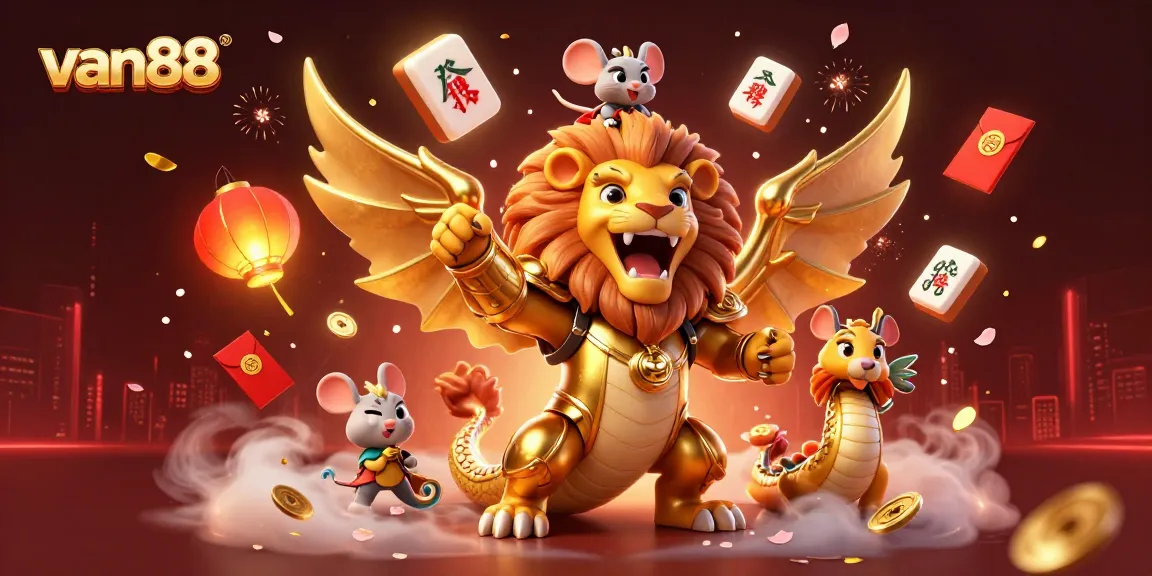 van88 integrates a vibrant 3D scene showcasing a golden chimera with mesmerizing game elements.