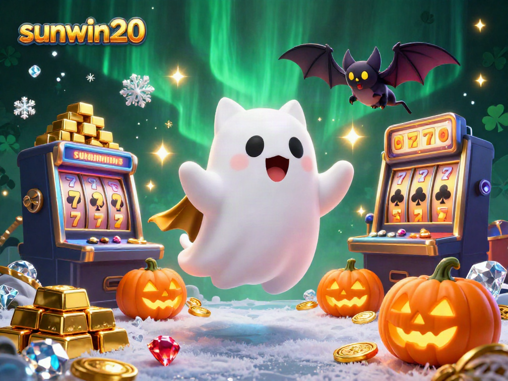 Experience the excitement of sunwin20 with a whimsical ghost cat and friends in a rich casino environment.