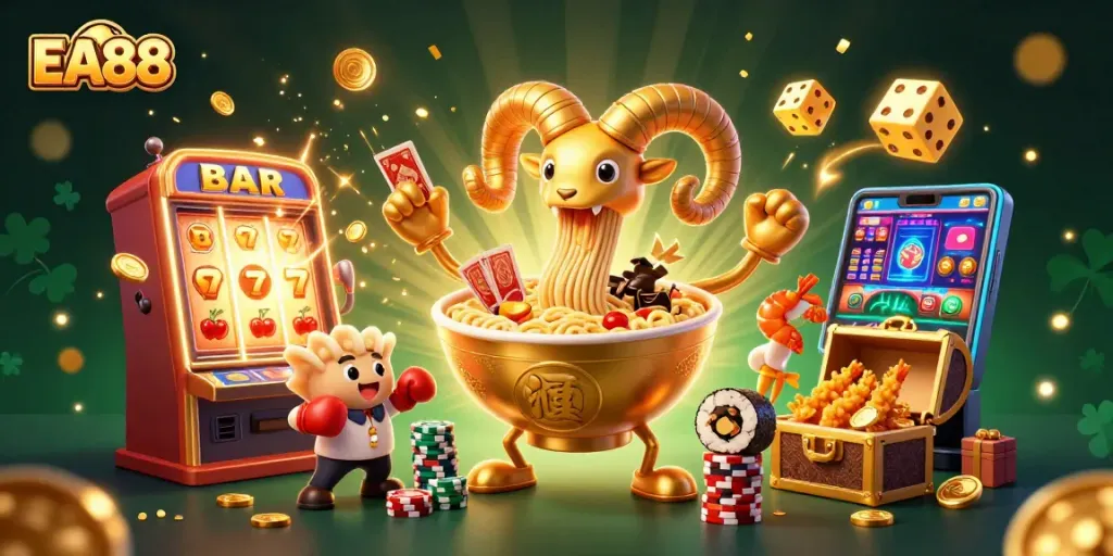 EA88 showcases an energetic scene with a golden ramen bowl dealer amidst explosive jackpots and cheering sushi elements.
