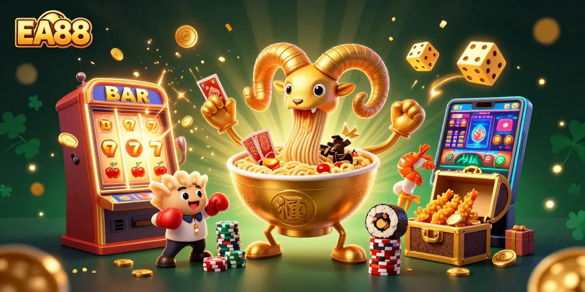 EA88 showcases an energetic scene with a golden ramen bowl dealer amidst explosive jackpots and cheering sushi elements.