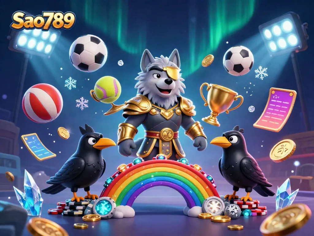 Sao789 attracts players with a dynamic illustration featuring Odin and ravens in a vibrant casino setting.