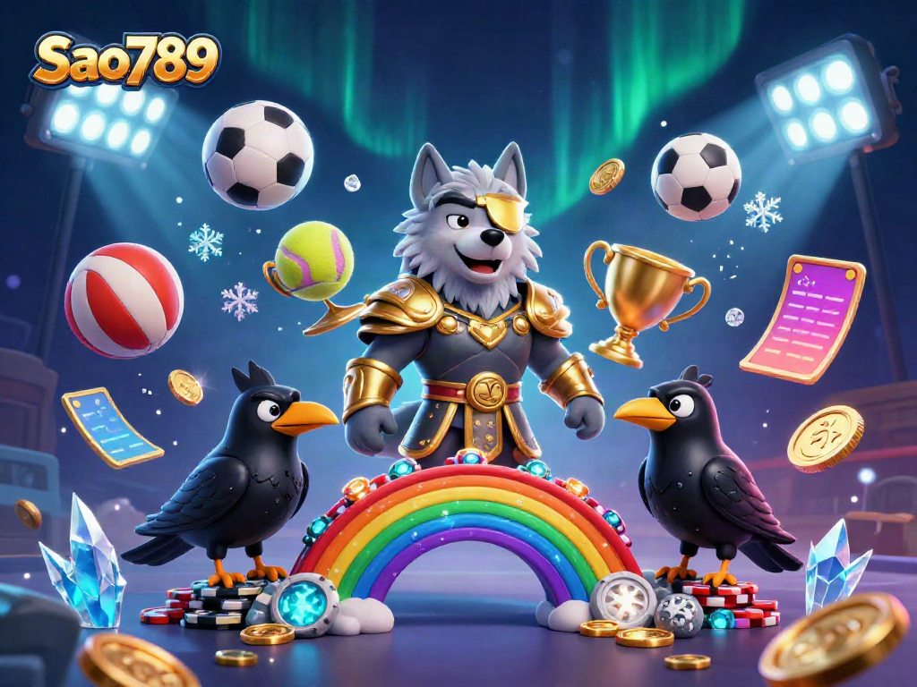 Sao789 attracts players with a dynamic illustration featuring Odin and ravens in a vibrant casino setting.