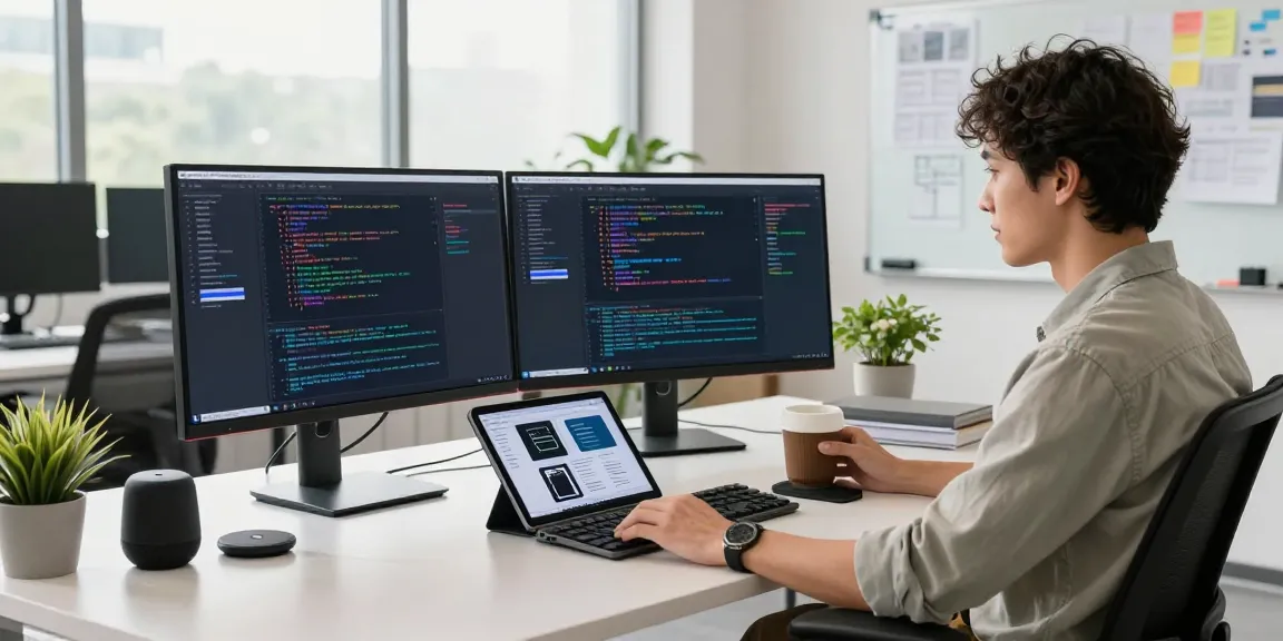 Developer working in a modern office showcasing the WPS Official Website and vibrant coding environment