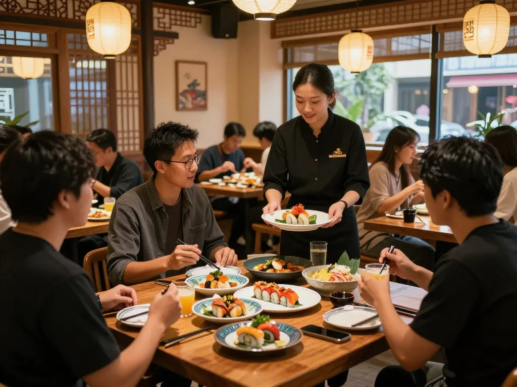 Guests savoring fusion cuisine at RED88 Asian bistro, vibrant dishes and warm ambiance.