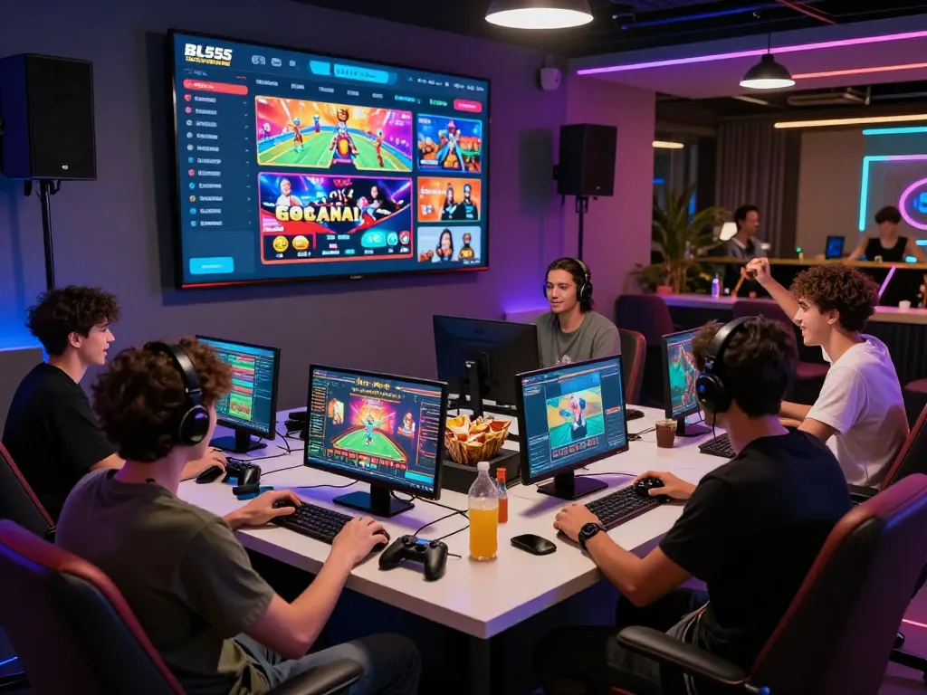 Gamers enjoying online entertainment at BL555 gaming platform, modern gaming lounge ambiance with interactive screens.