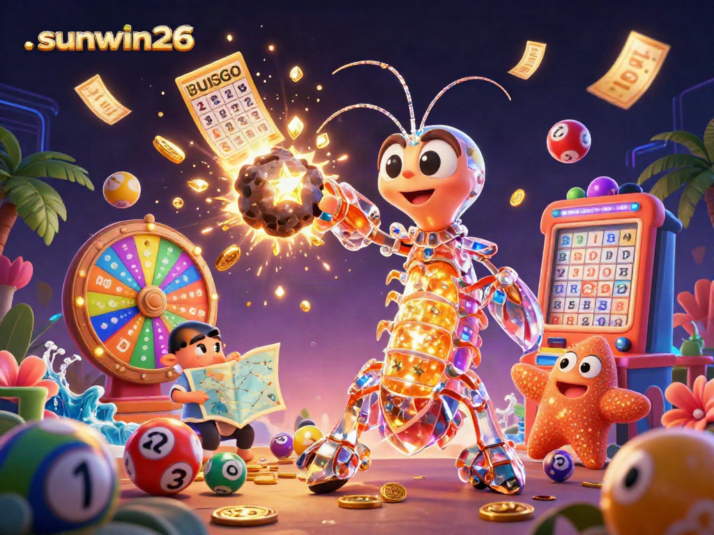 Engage with the sunwin26 jackpot experience as the galactic samurai shrimp bursts through an asteroid showering golden gems and lottery balls.