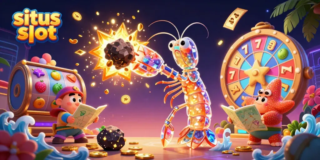 Engaging illustration of a galactic samurai mantis shrimp showcasing situs slot in an exciting casino-themed scene.