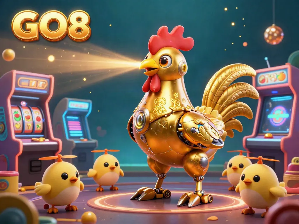 Engage with GO8 casino excitement featuring a golden rooster robot and arcade elements.