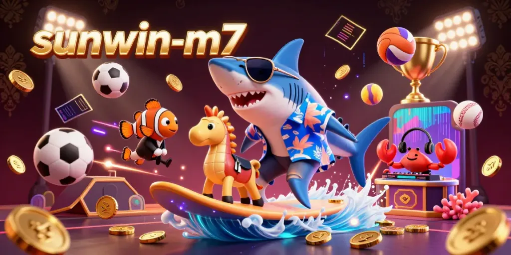 Join the shark in a Hawaiian shirt surfing on gold coins as sunwin-m7 brings casino fun to life.