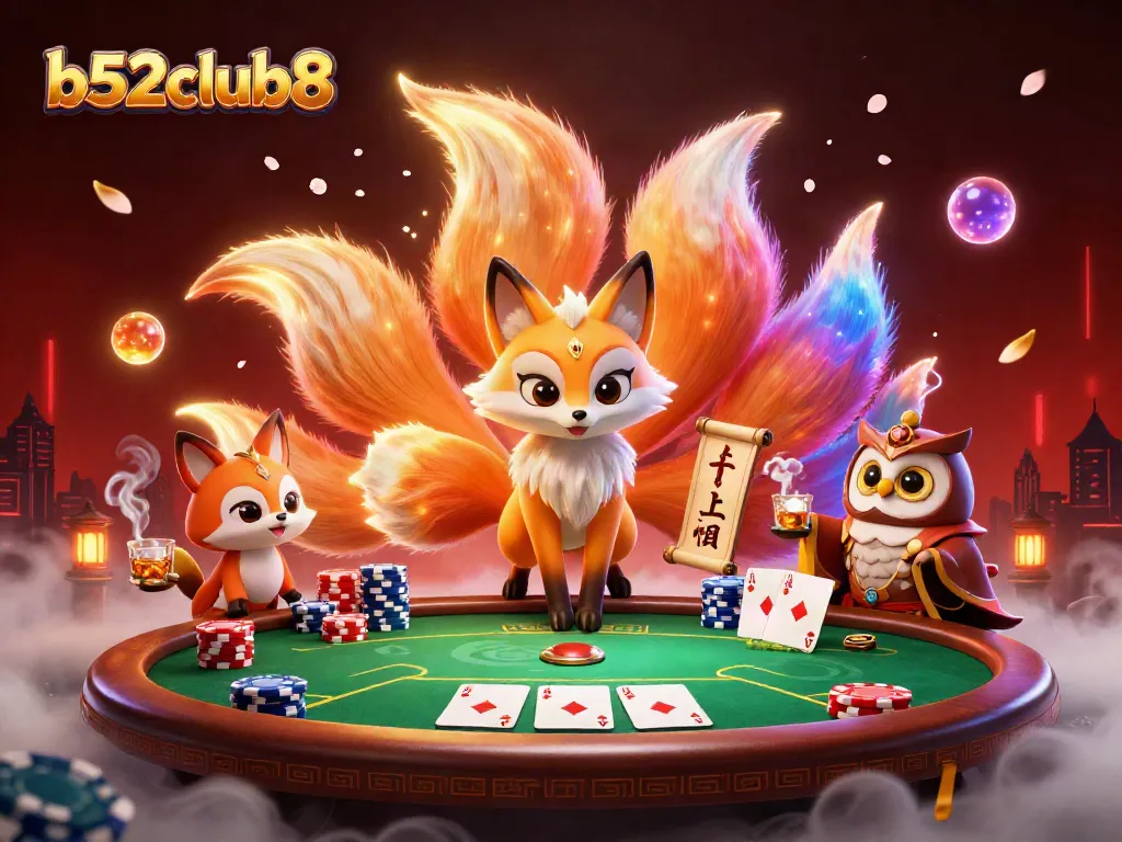 Experience the thrill of b52club8 with a vibrant cartoon scene featuring poker elements and mystical characters.