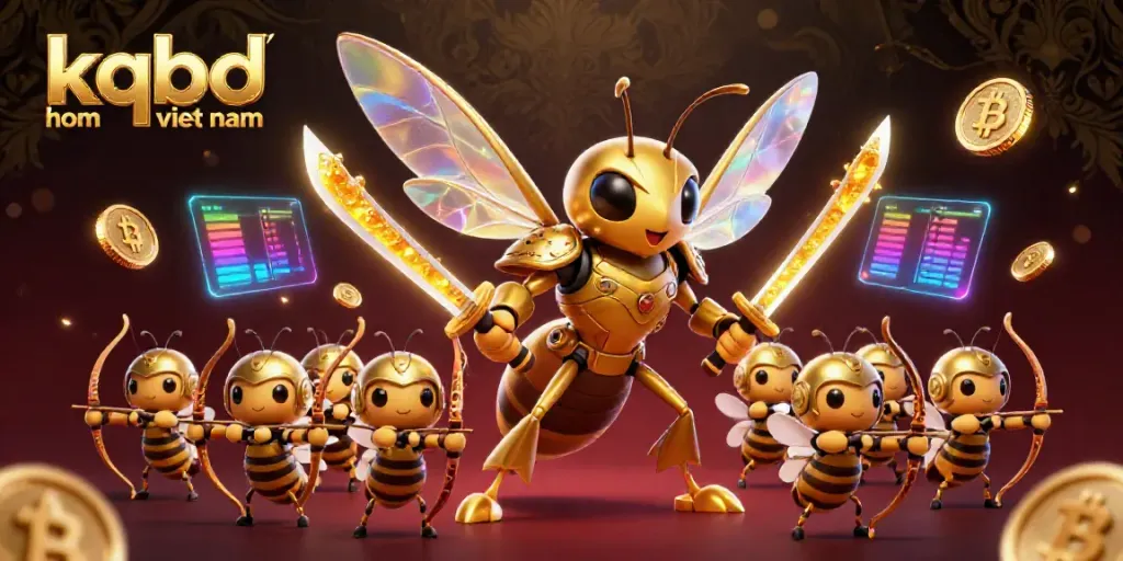 Engaging scene of "kqbd hom nay viet nam" with a dynamic hornet character and crypto elements, capturing attention.