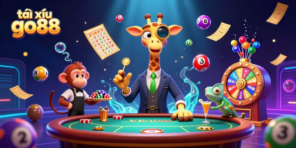Engage in thrilling tài xỉu go88 action with a vibrant scene featuring a high-roller giraffe and energetic motifs.