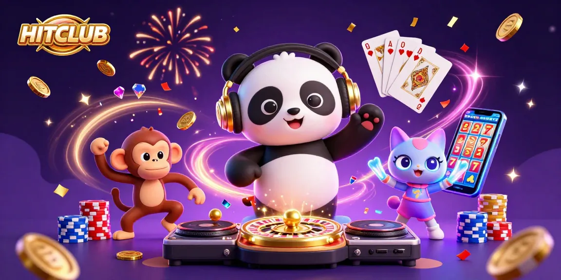 Join the HITCLUB excitement with a vibrant 3D casino scene full of sparkling gems and dynamic characters.