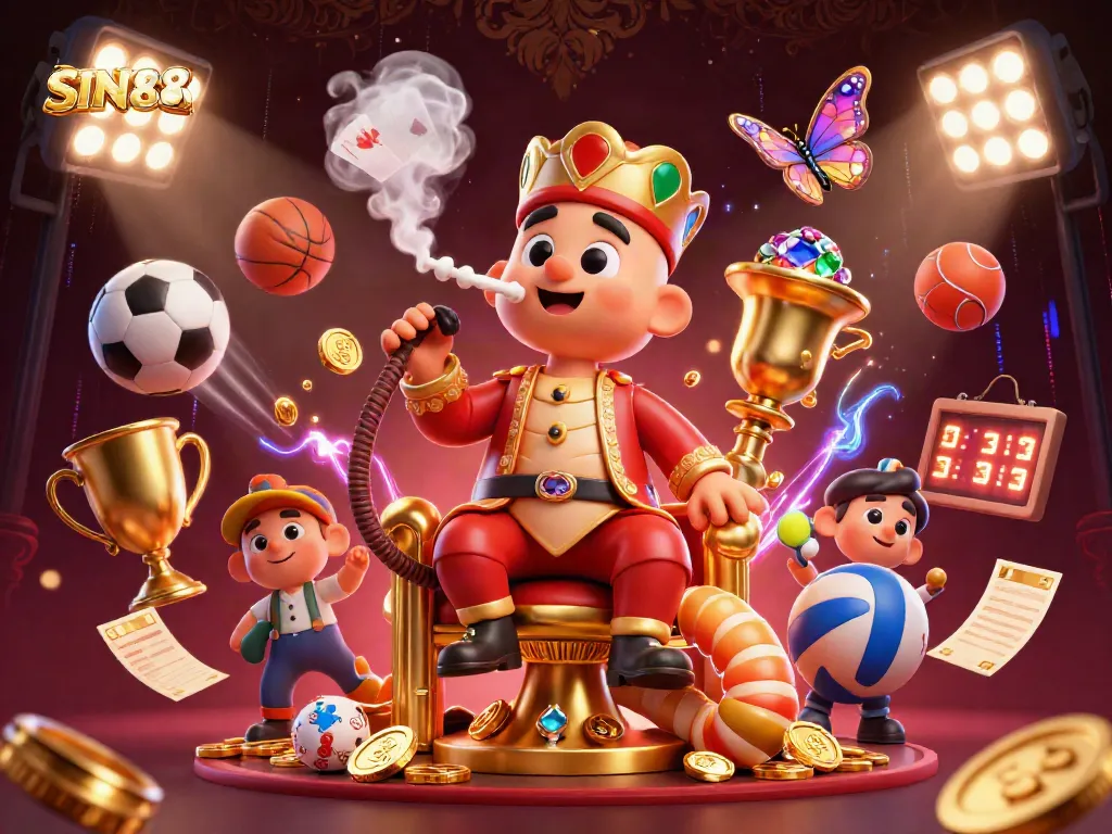 SIN88's vibrant 3D illustration showcases an interactive casino experience filled with dynamic elements and engaging characters.