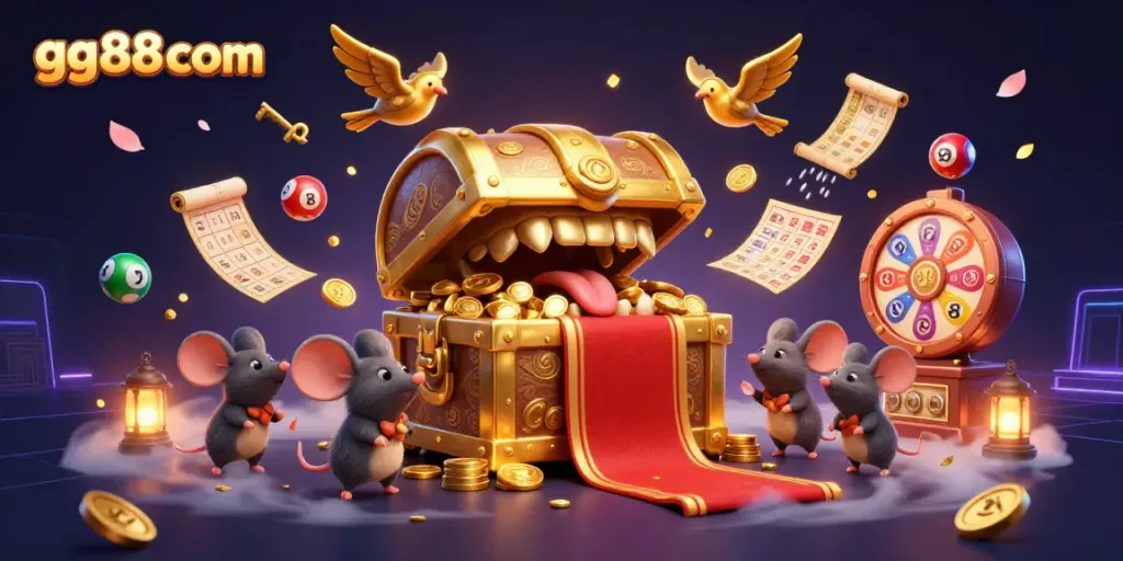 Engage with the gg88com gambling theme featuring a vibrant cartoon treasure chest and dynamic lottery elements.