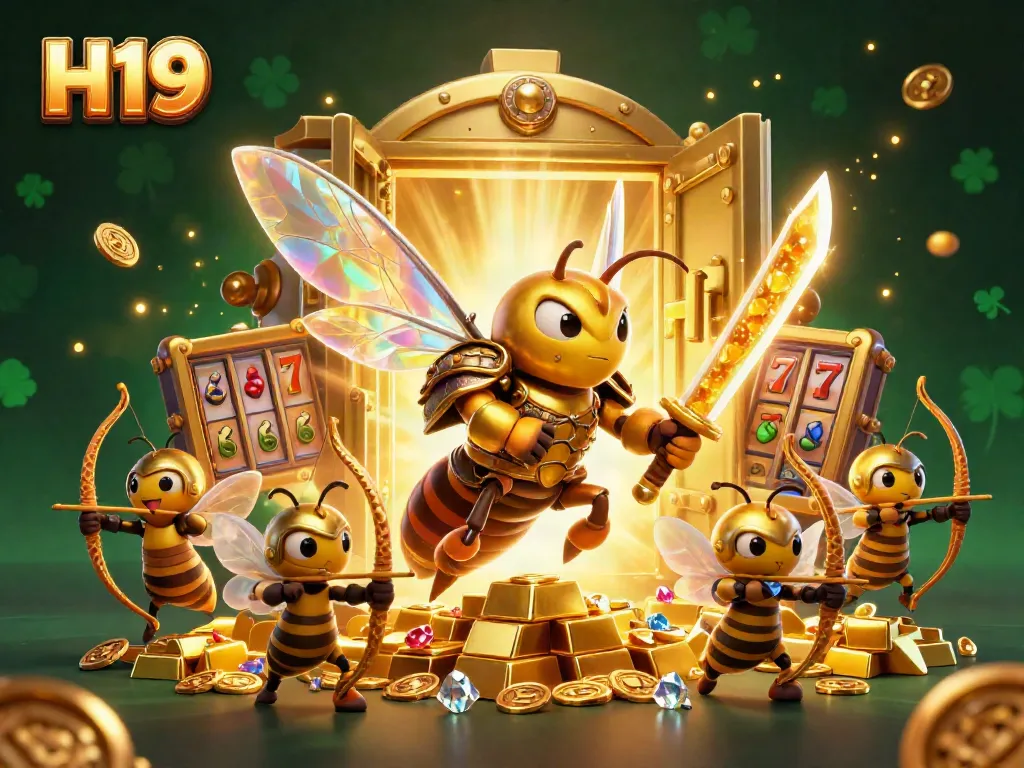 Experience H19's vibrant online casino world with a golden hornet samurai and treasure.