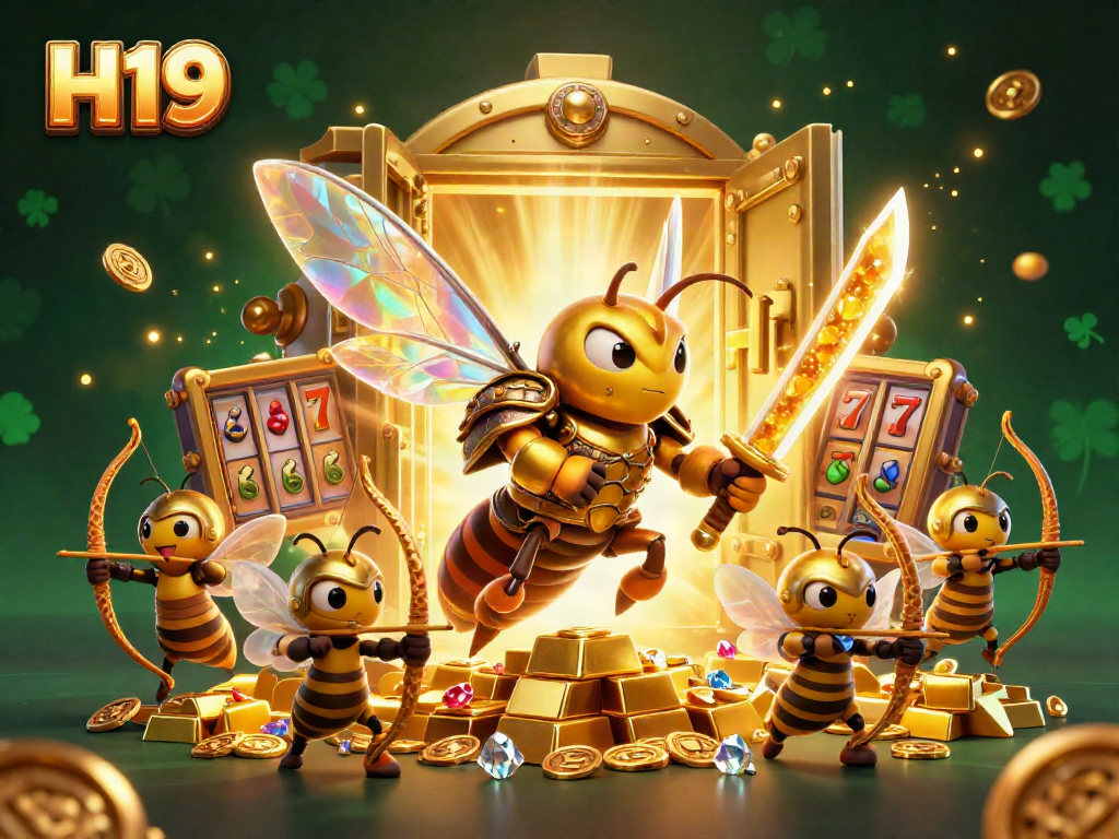 Experience H19's vibrant online casino world with a golden hornet samurai and treasure.
