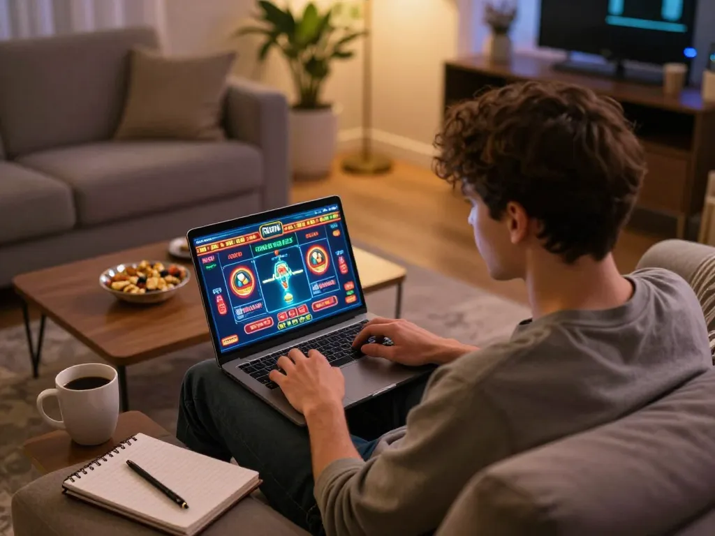 Engaging online gaming session at home featuring https://g28e.com/ interface on laptop, surrounded by snacks and strategy notes.