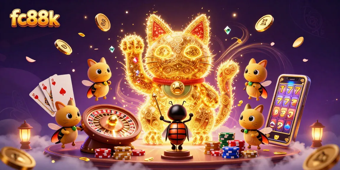 Experience vibrant gaming excitement with fc88k's lucky cat and casino treasures swirling in action.