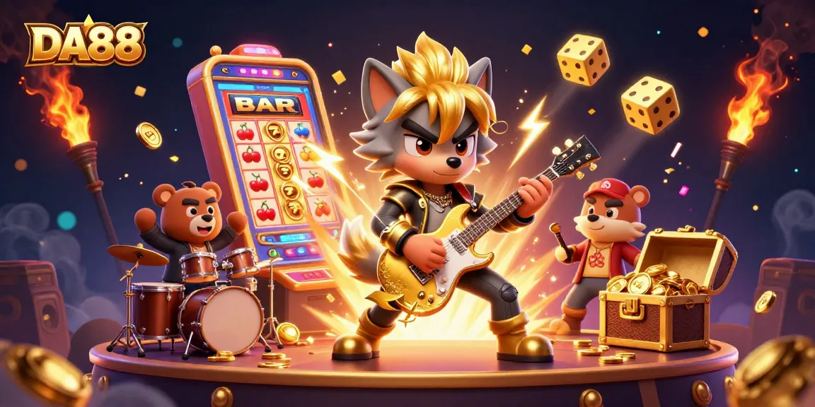 Experience thrilling gameplay with DA88 in an action-packed casino scene featuring vibrant characters and gaming elements.