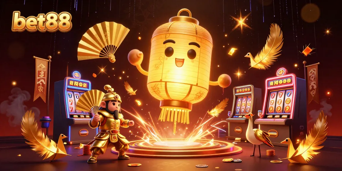Bet88 showcases a vibrant 3D casino scene with glowing lantern spirit, slot machines, and dynamic elements.