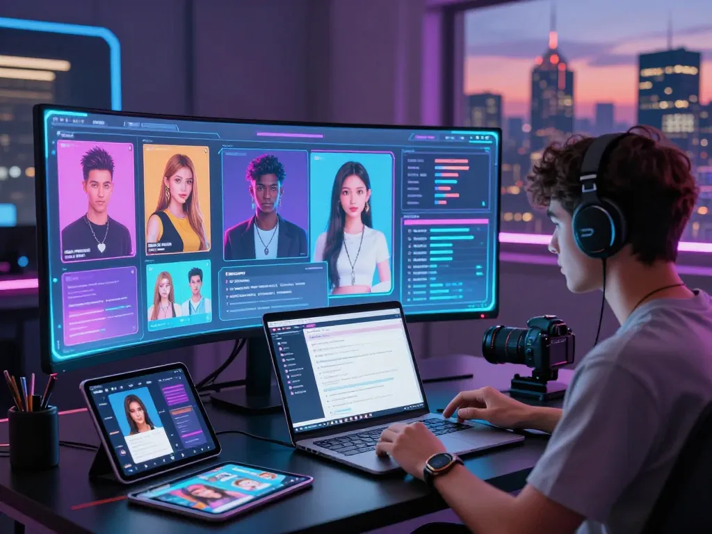 Interactive AI NSFW interface showcasing customizable avatars and vibrant holographic displays in a dynamic digital landscape.