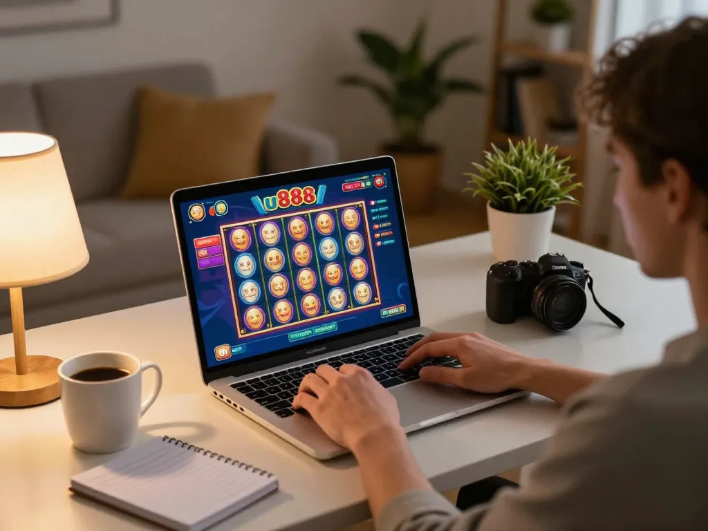 Engaging player experiencing excitement with u 888 online casino games on a laptop at home.