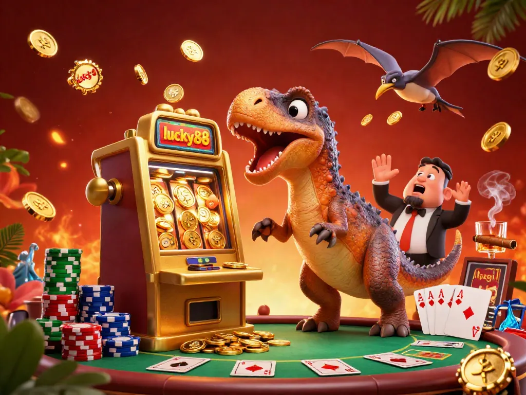 Experience lucky88 jackpots in an exciting casino scene with dinosaurs and vibrant game elements.