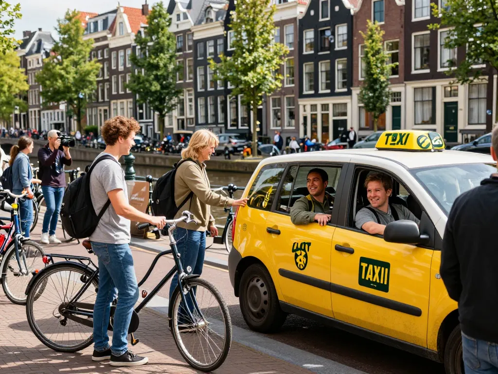 Taxi Amsterdam-scène met vriendelijke chauffeur en blije passagiers tegen een levendige stadsachtergrond.