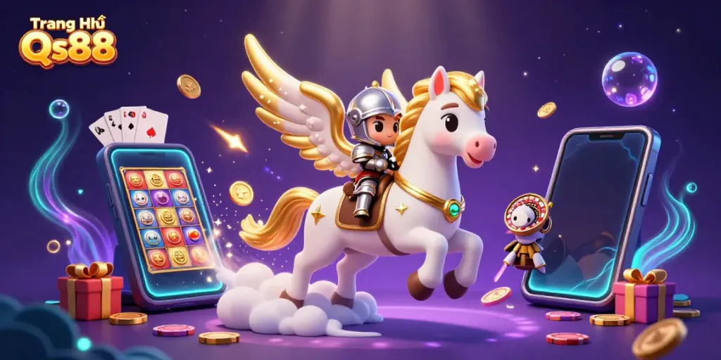 Win big with Trang Chủ Qs88: A dynamic scene featuring a celestial horse and gaming elements.