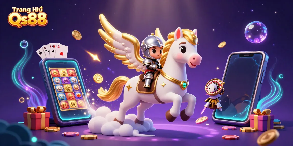 Win big with Trang Chủ Qs88: A dynamic scene featuring a celestial horse and gaming elements.