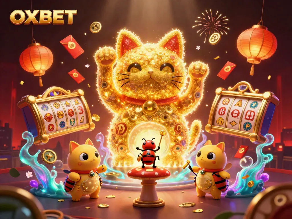Engage with OXBET's vibrant casino atmosphere featuring a lucky cat and dynamic gaming elements.