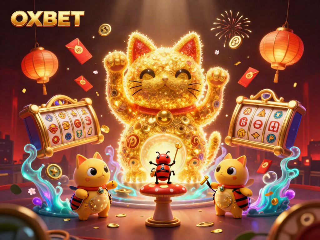 Engage with OXBET's vibrant casino atmosphere featuring a lucky cat and dynamic gaming elements.