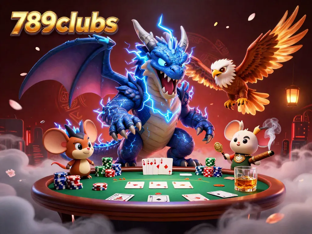 Experience thrilling gameplay at 789clubs with a vivid poker scene featuring electric dragon and fierce hawk.