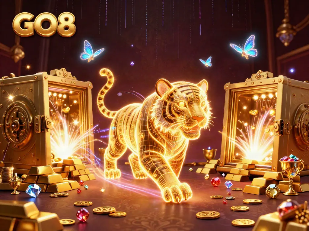 GO8 showcases thrilling casino dynamics with a neon golden tiger amidst sparkling treasures.
