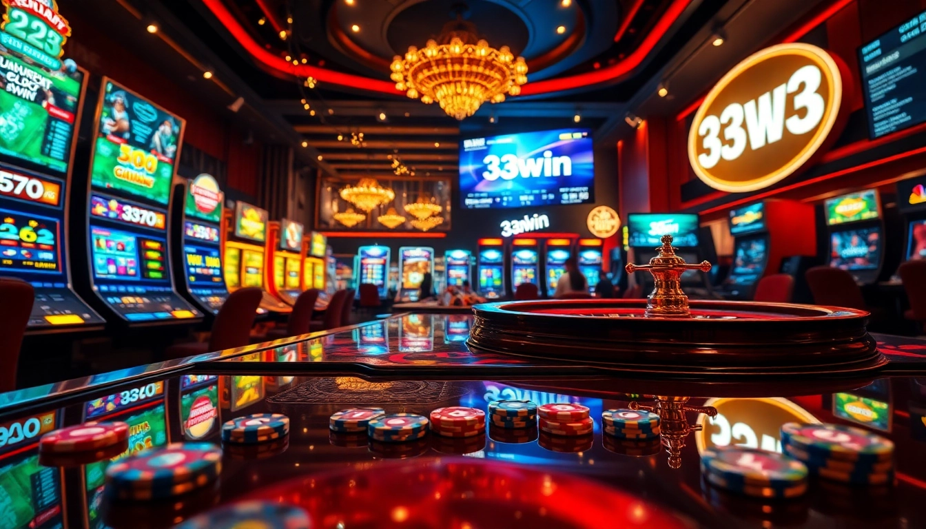 Engage with 33win’s vibrant online casino atmosphere featuring thrilling slot machines and poker chips.