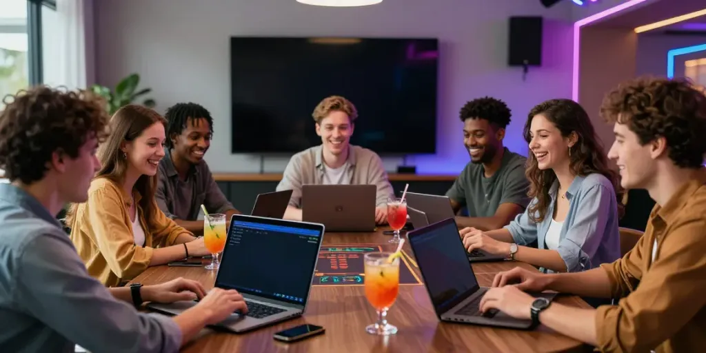 Friends enjoying live casino games at https://fabet.com.mx/ with vibrant decor and lively atmosphere.