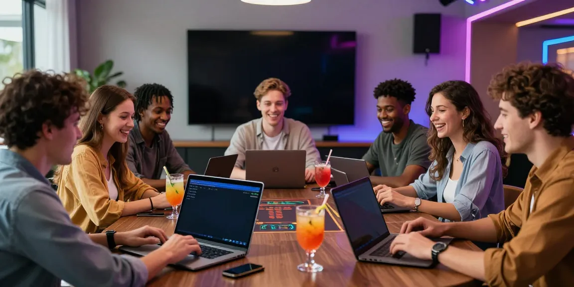 Friends enjoying live casino games at https://fabet.com.mx/ with vibrant decor and lively atmosphere.