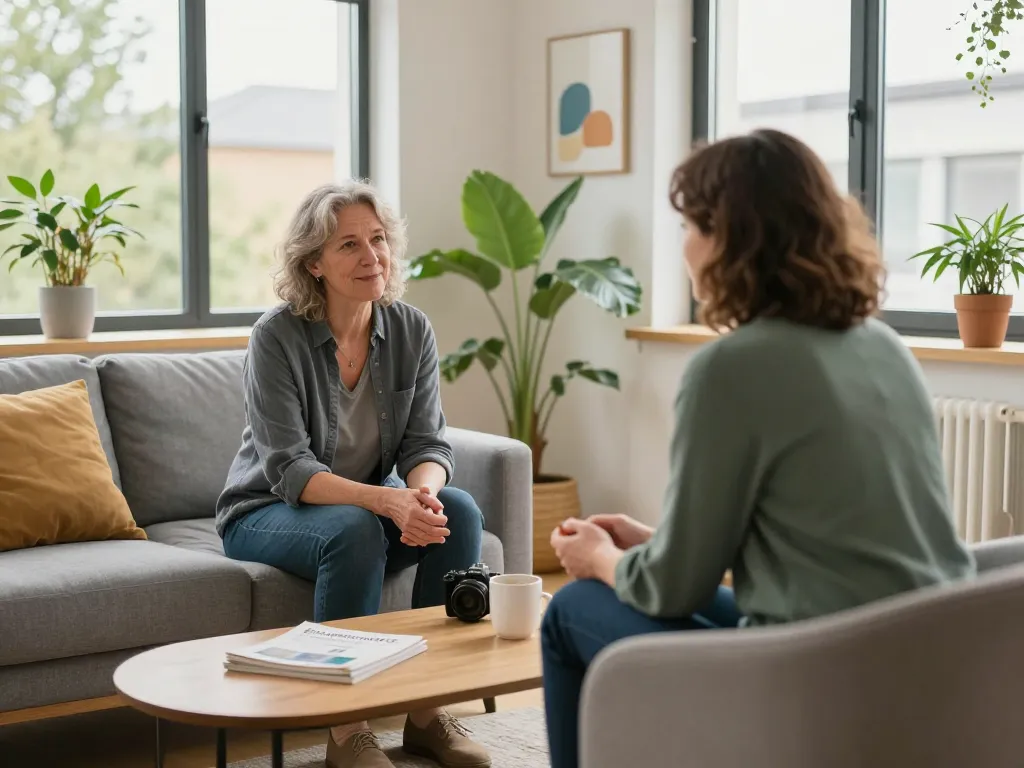 Emendare GGZ geestelijke gezondheidszorg consultatie met een warme, uitnodigende therapiesessie gericht op het welzijn van de cliënt.