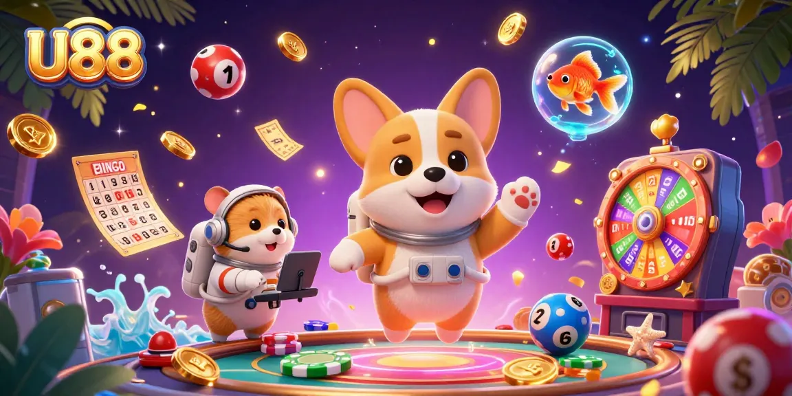 U88 gaming experience featuring a corgi in a space casino, vibrant lottery elements, and dynamic visuals.