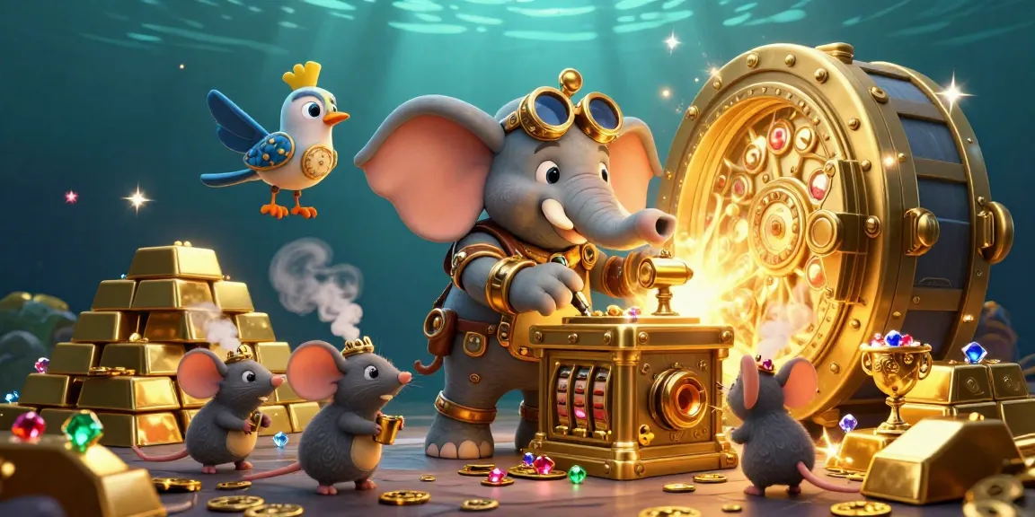 Experience thrilling wins with 28bet as a steampunk elephant spins a slot machine, surrounded by treasures.