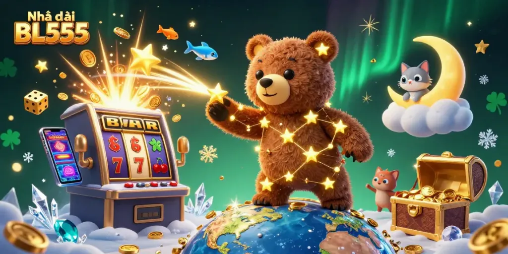 Engage with the vibrant world of Nhà cái BL555 as golden stars rain coins from a cartoon bear amidst a jackpot explosion.
