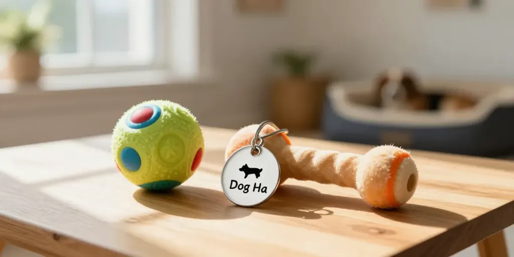 Hondenpenning met naam op een houten tafel, omringd door speeltjes.