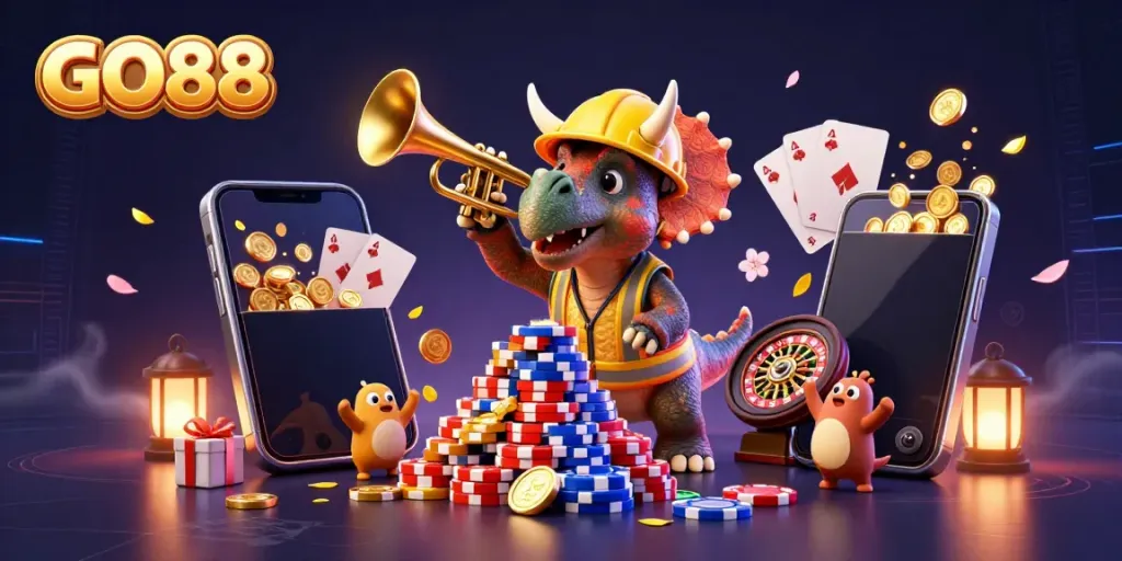 GO88 visualizes excitement in a vibrant 3D casino scene with joyful dino characters and gaming elements